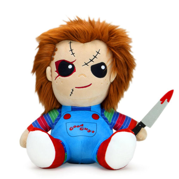 This is a Child's Play Chucky Kidrobot HugMe vibrating plush and he has a striped shirt, red shoes, orange hair and is holding a bloody silver knife with a black handle.