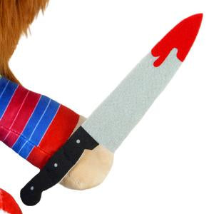 This is a Child's Play Chucky Kidrobot HugMe vibrating plush and he has a striped shirt, orange hair and is holding a bloody silver knife with a black handle.