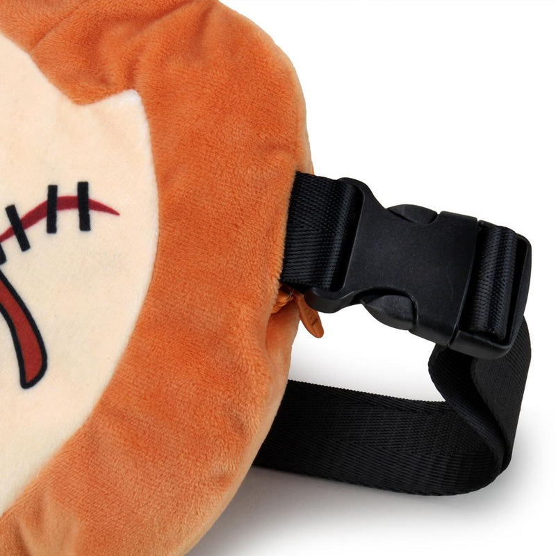 This is a Child's Play Chucky Kidrobot Phunny plush fanny pack bag and he has orange hair, cuts, stitches and an adjustable black strap with a buckle.