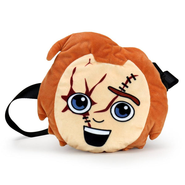 This is a Child's Play Chucky Kidrobot Phunny plush fanny pack bag and he has orange hair, cuts, stitches and a black strap.