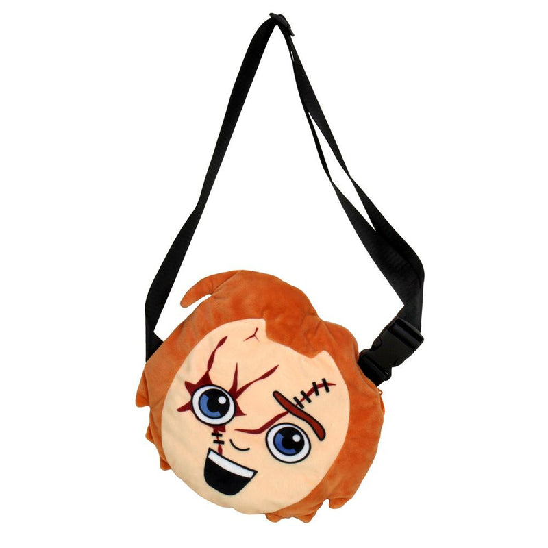 This is a Child's Play Chucky Kidrobot Phunny plush fanny pack bag and he has orange hair, cuts, stitches and an adjustable black strap.