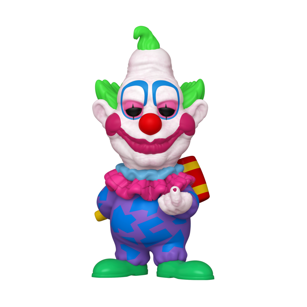 This is a Killer Klowns From Outer Space Pop Funko vinyl and Jumbo has three green spikes for hair, a clown face with black eyes and pink lips and has a purple suit with blue on it and green shoes.
