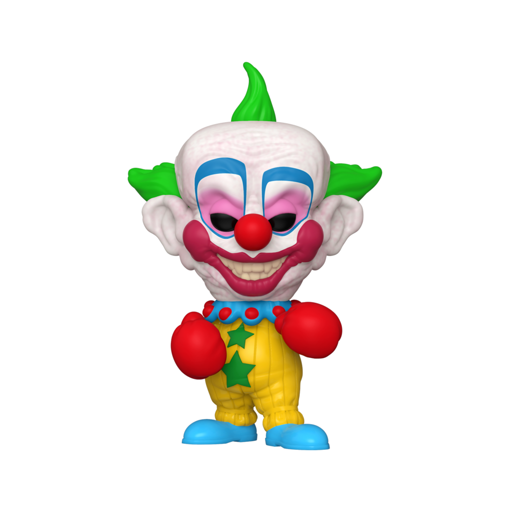 This is a Killer Klowns From Outer Space Pop Funko vinyl and Shorty has three green spikes for hair, a clown face with black eyes and red lips and nose and is wearing a yellow suit with two green stars, blue shoes and red boxing gloves.