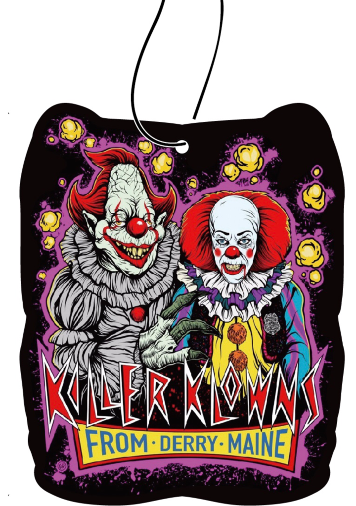 This is a Killer Klowns From Outer Space air freshener and it has two clowns with red hair and noses and popcorn.