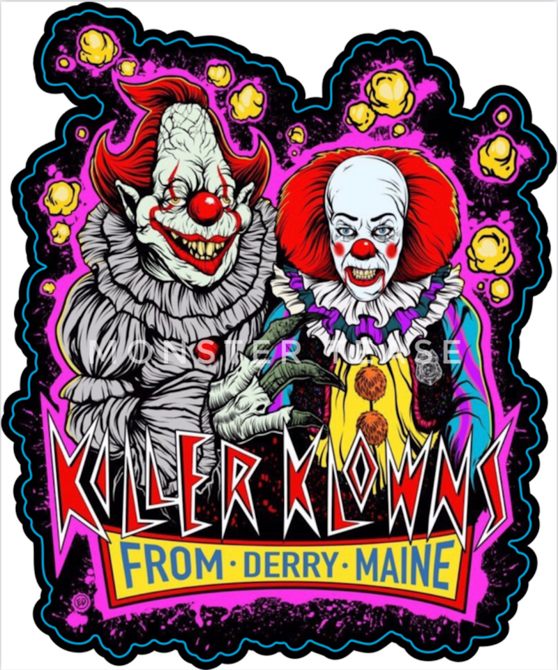 This is an It movie Pennywise sticker and he has red hair and nose and mentions Derry and he has a white face and yellow clown suit with red balls.