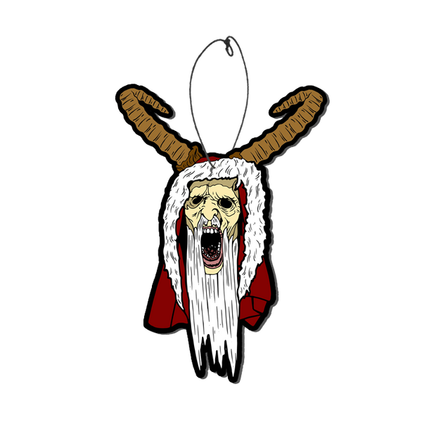 This is a Krampus air freshener and he has a red robe with white fur, white beard and horns.