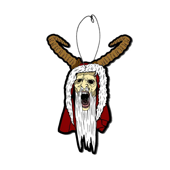 This is a Krampus air freshener and he has a red robe with white fur, white beard and horns.