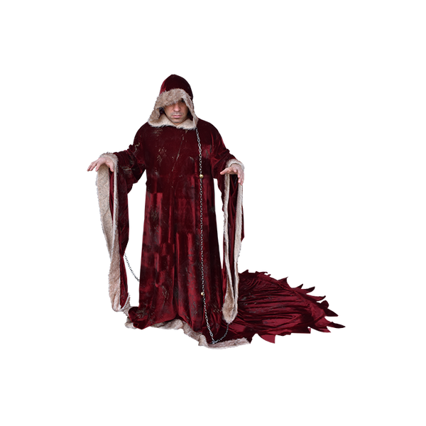 This is a Krampus costume that is a red robe with white furry trim and a hood.