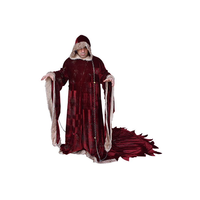 This is a Krampus costume that is a red robe with white furry trim and a hood.