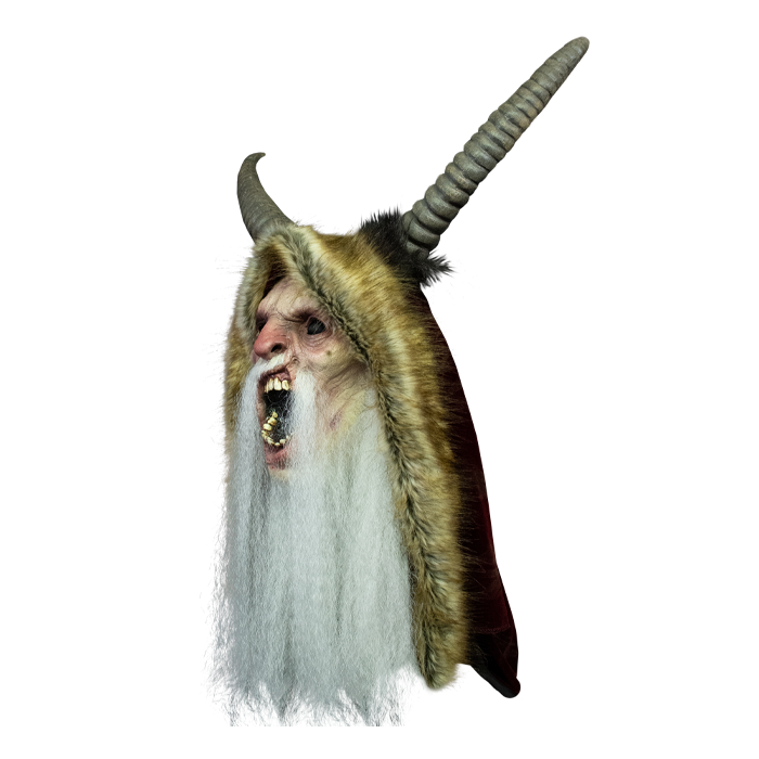 This is a Krampus mask and he has a white beard, brown horns and a brown furry hood, attached to a red robe.