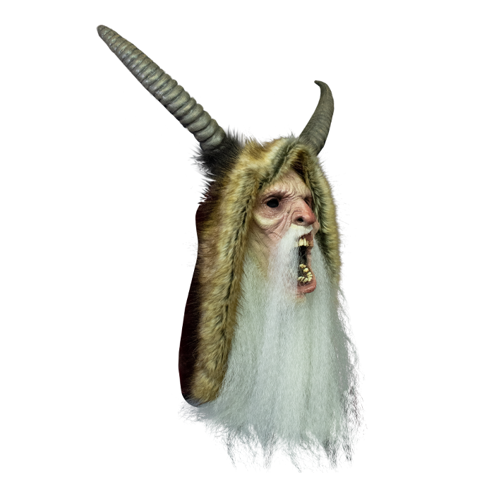 This is a Krampus mask and he has a white beard, brown horns and a brown furry hood, attached to a red robe and you can see his teeth.
