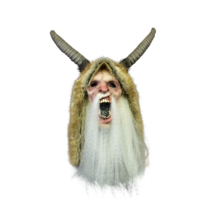 This is a Krampus mask and he has a white beard, brown horns and a brown furry hood.