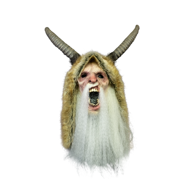 This is a Krampus mask and he has a white beard, brown horns and a brown furry hood.