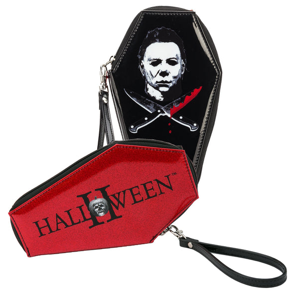 This is a Halloween Michael Myers coffin shaped wallet and it is black with red glitter.