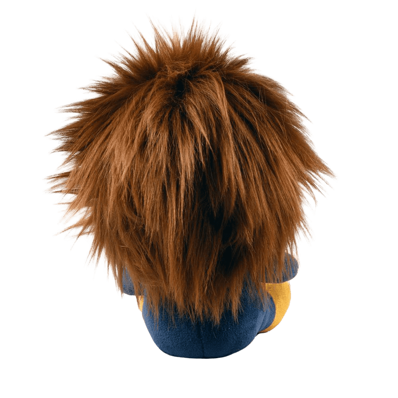 This is the Back of a Kidrobot Halloween Michael Myers Phunny stuffed plush that has brown hair and blue coveralls.