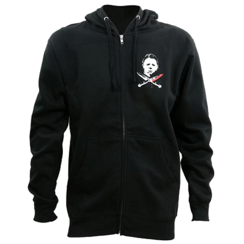 This is a Halloween Michael Myers hoodie that is black with a white face and knives crossing.