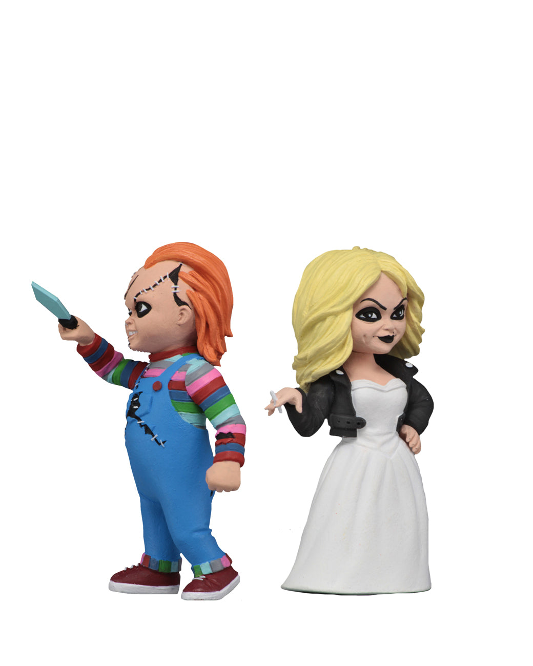 Chucky NECA Toony Terror action figure is wearing a striped shirt with coveralls, holding a knife and standing next to Tiffany in a white wedding dress, who is holding a cigarette.