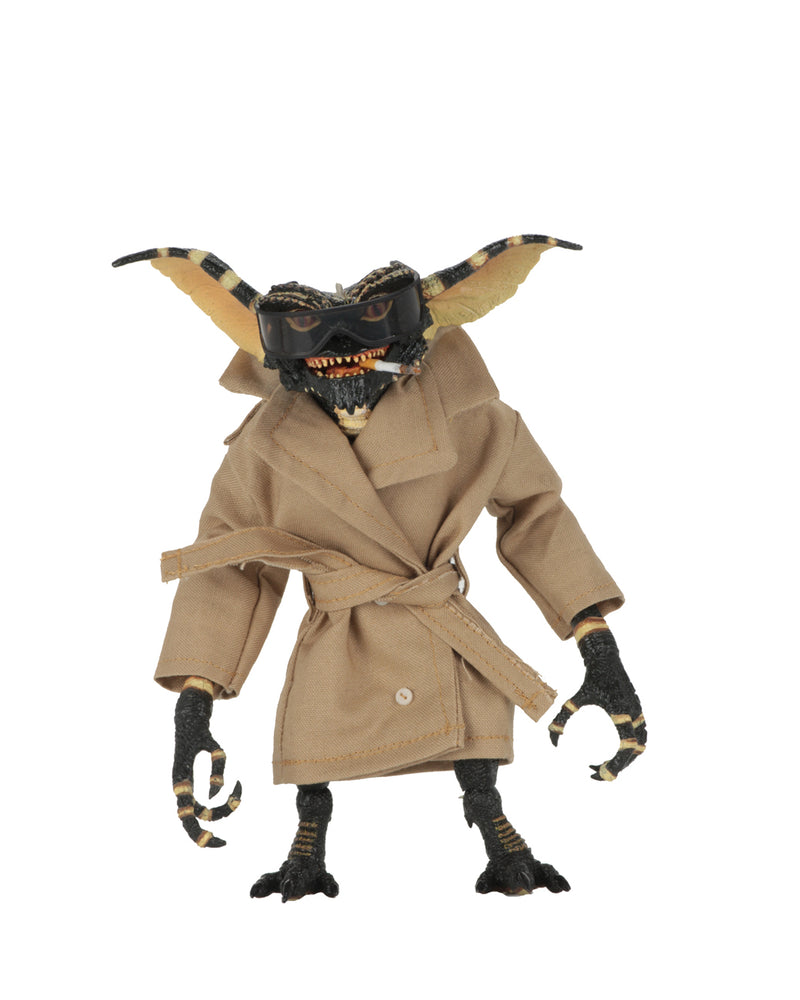 This is a NECA Gremlins flasher ultimate action figure with tan trench coat, glasses and cigarette.