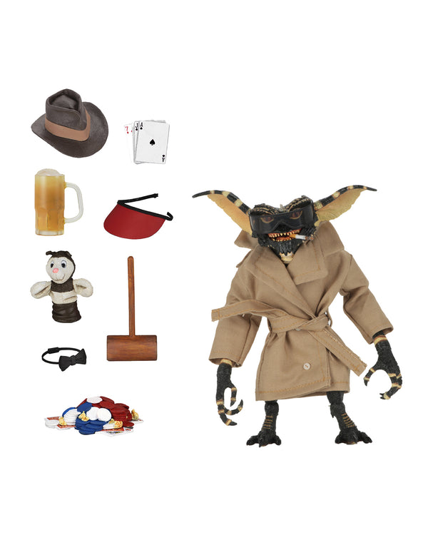 This is a NECA Gremlins flasher ultimate action figure with hat, cards, beer, visor, puppet, mallet, bow tie and poker chips.