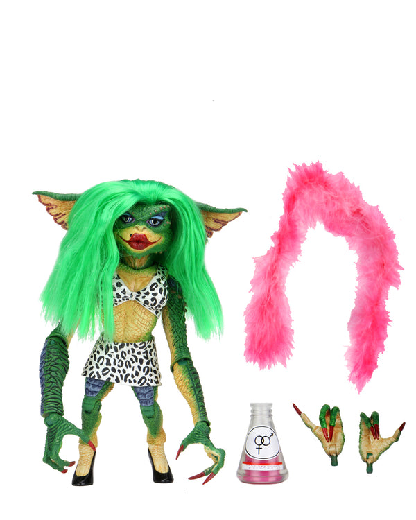 This is a NECA Gremlins 2 Greta action figure and she has long green hair, a pink boa, hands and a pink potion.