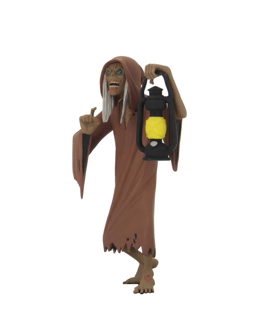 This is NECA Toony Terror Series 5 Creepshow Creep and he has white hair, is wearing a brown nightgown, is barefoot and is holding a lantern.