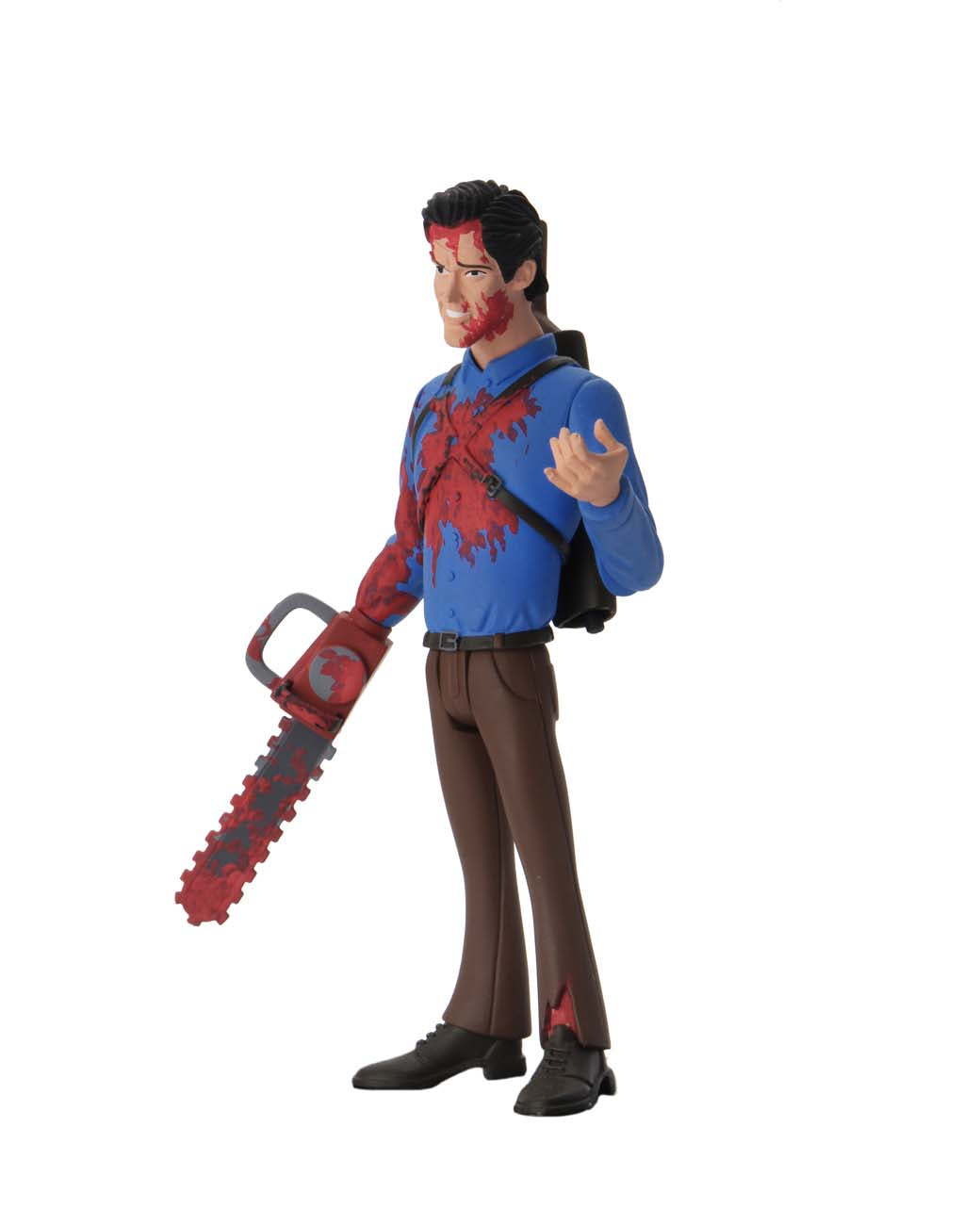 This is NECA Toony Terror Series 5 Evil Dead 2 Ash Williams and he has a bloody chainsaw, brown pants and a blue shirt, with a gun on his back.
