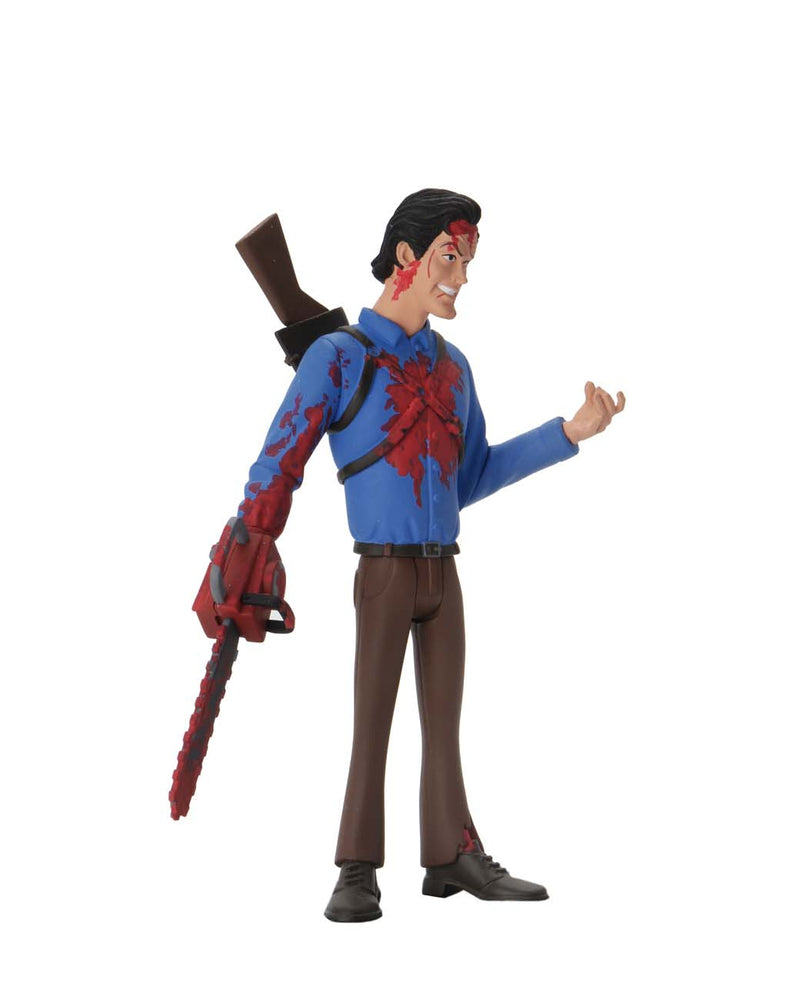 This is NECA Toony Terror Series 5 Evil Dead 2 Ash Williams and he has a bloody chainsaw, brown pants and a blue shirt..