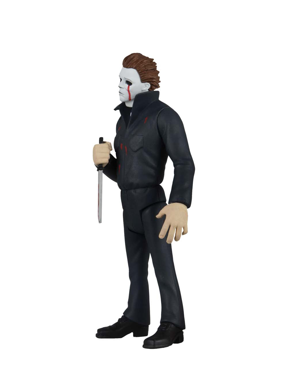 This is NECA Toony Terror Series 5 Halloween 2 Michael Myers and he has blood tears and is holding a bloody knife and wearing coveralls and black boots.