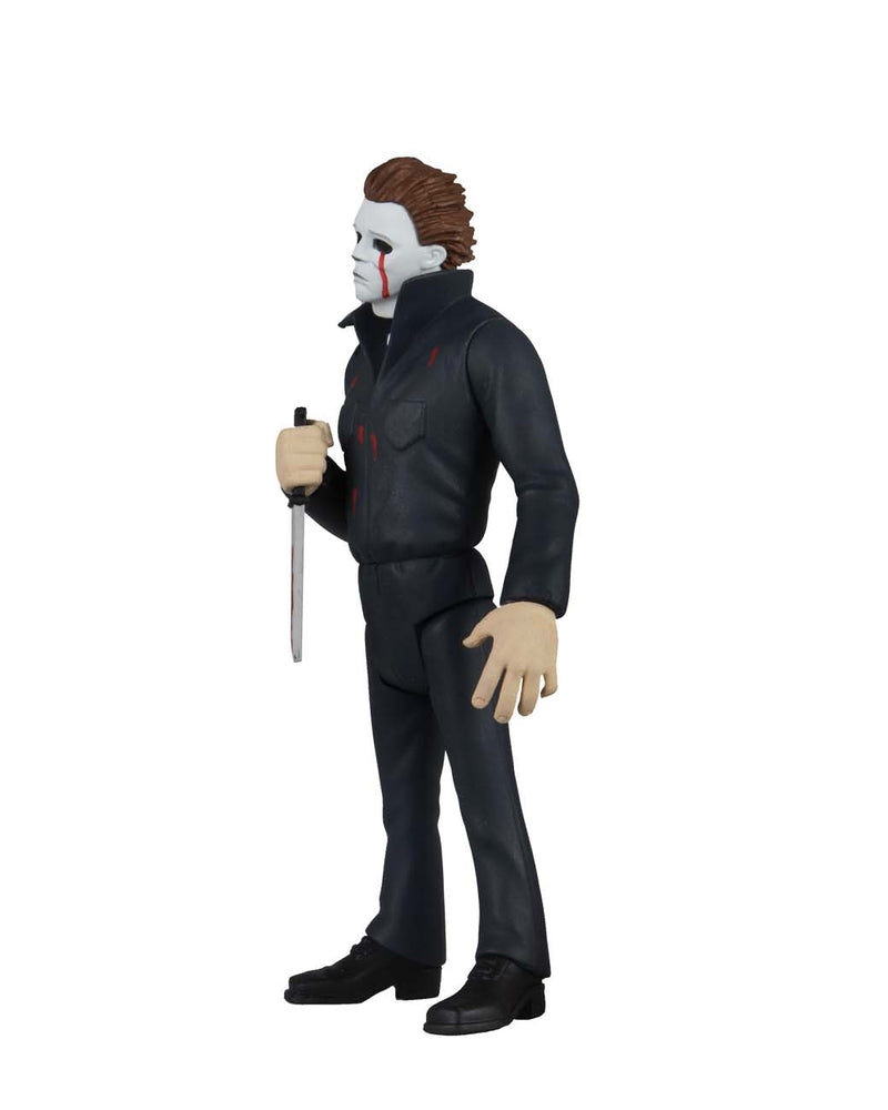 This is NECA Toony Terror Series 5 Halloween 2 Michael Myers and he has blood tears and is holding a bloody knife and wearing coveralls and black boots.
