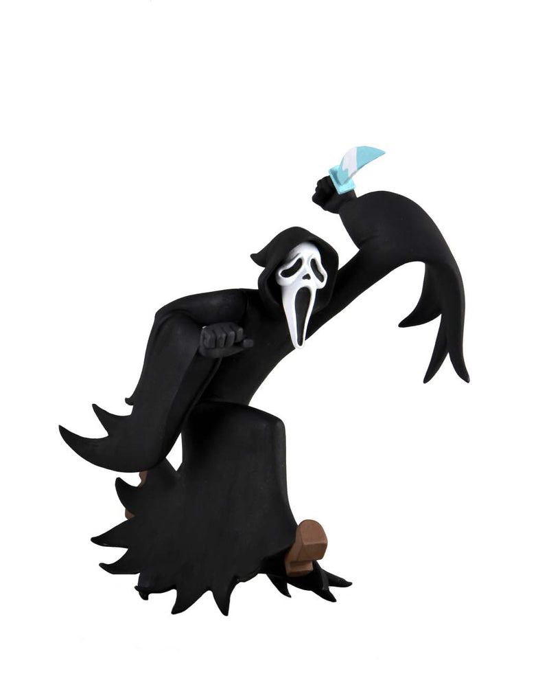 This is NECA Toony Terror Series 5 Scary Movie Ghostface and he has on a black robe and white mask, brown shoes and he is holding a knife.