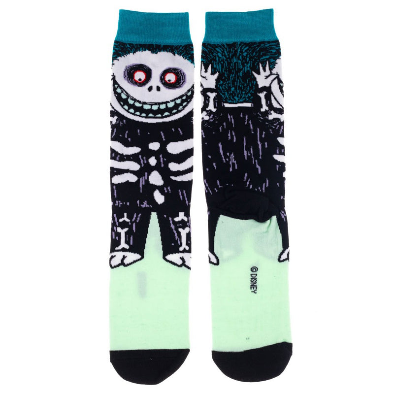 This is a pair of Nightmare Before Christmas Barrel 360 crew socks and he is a black skeleton with blue hair.