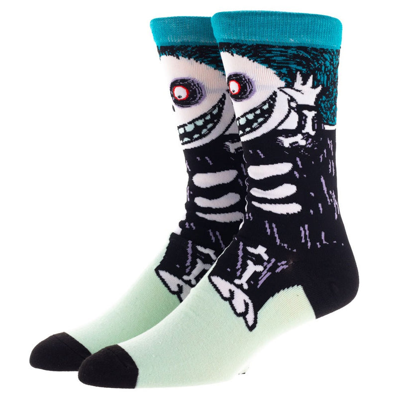 This is a pair of Nightmare Before Christmas Barrel 360 crew socks and he is a black skeleton.