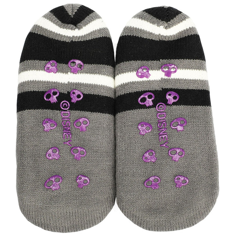 This is a pair of Nightmare Before Christmas Jack Chibi slipper socks and they are grey stripes with purple skull grips on the bottom. 