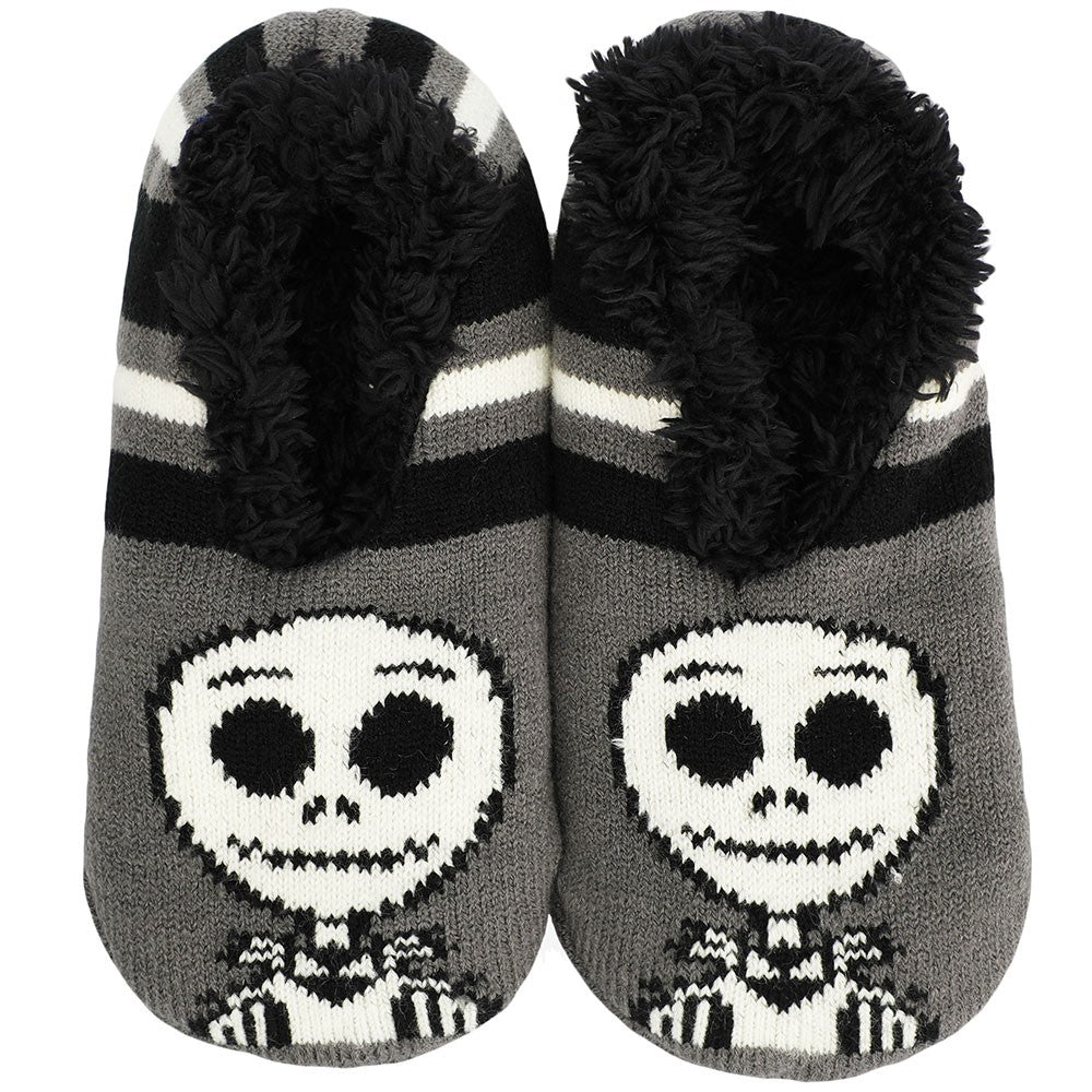 This is a pair of Nightmare Before Christmas Jack Chibi slipper socks and they are grey stripes with black fuzz. 