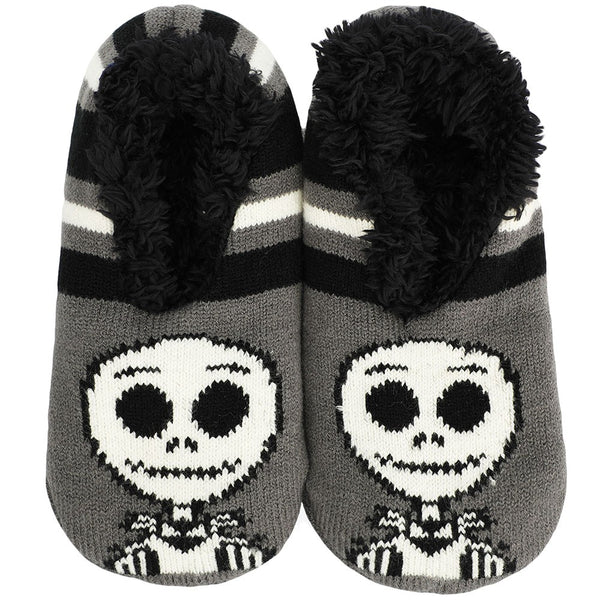 This is a pair of Nightmare Before Christmas Jack Chibi slipper socks and they are grey stripes with black fuzz. 