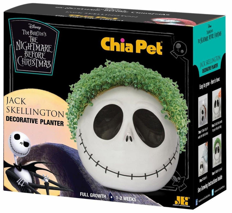 This is a Nightmare Before Christmas Jack Skellington Chia Pet and he has a white face, big black eyes, a black stitch mouth and he has green hair that is a plant.