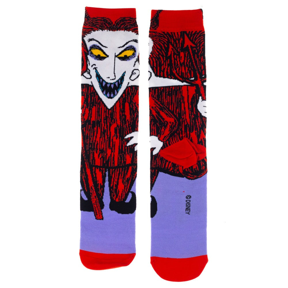 This is a pair of Nightmare Before Christmas Lock 360 crew socks and it is a red devil with yellow eyes and pointy teeth..