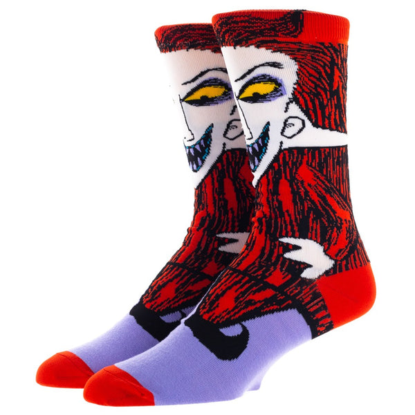 This is a pair of Nightmare Before Christmas Lock 360 crew socks and it is a red devil with yellow eyes.