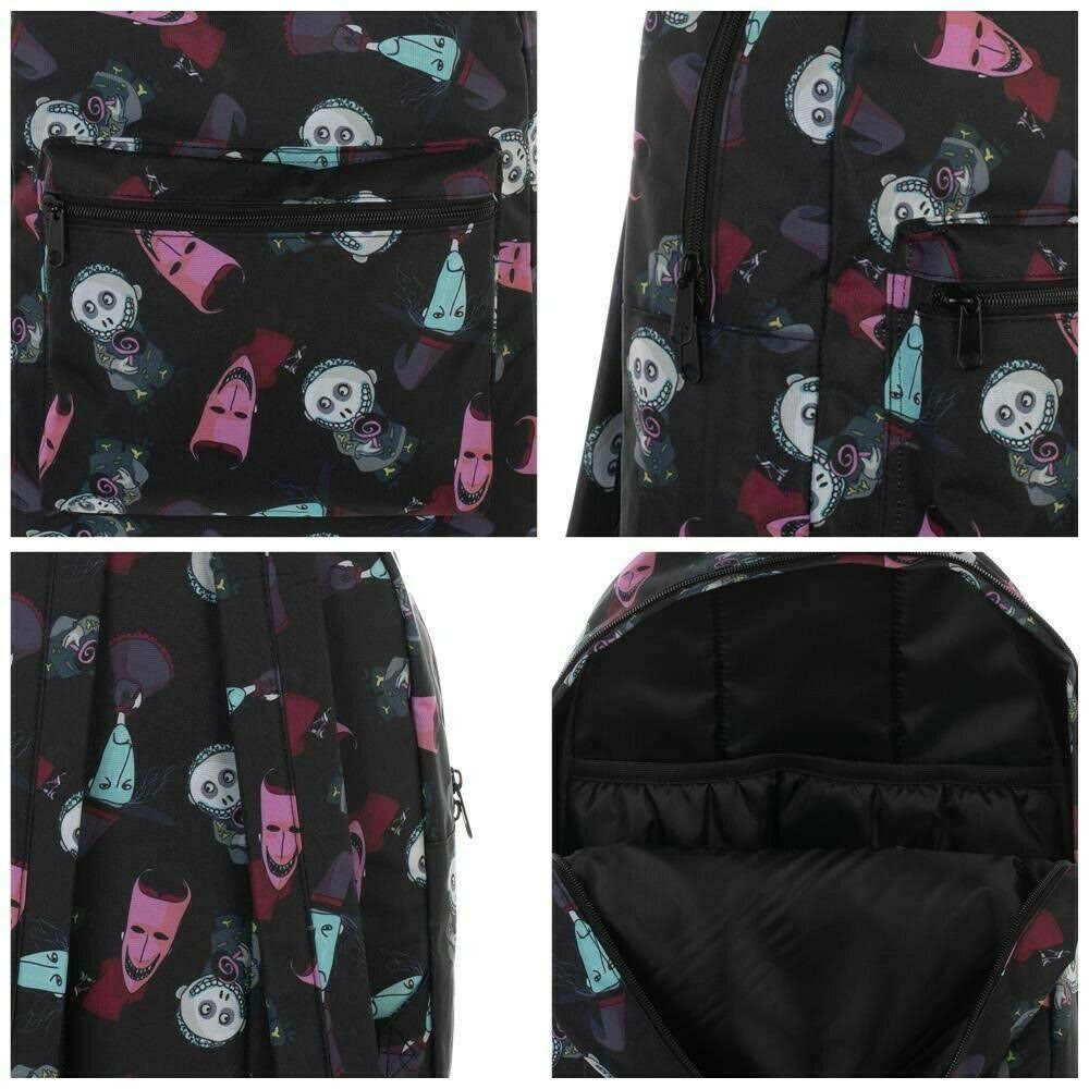 This is a Nightmare Before Christmas Lock Shock and Barrel backpack that is black, with a black handle, with a front zipper pocket, inside pockets and padded shoulder straps and the disney characters are red, green and pink.