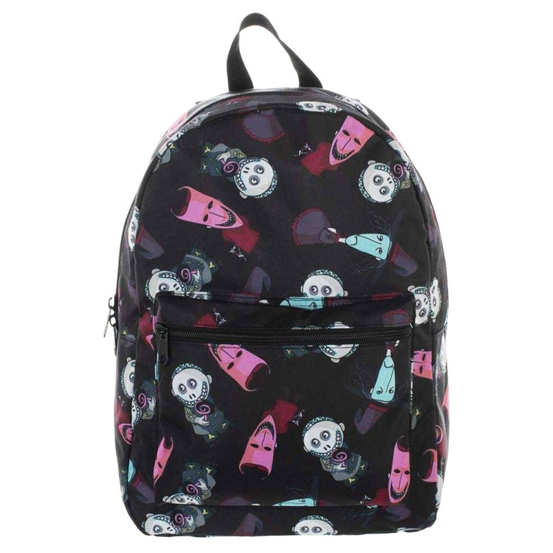 This is a Nightmare Before Christmas Lock Shock and Barrel backpack that is black, with a black strap, with a front zipper pocket.