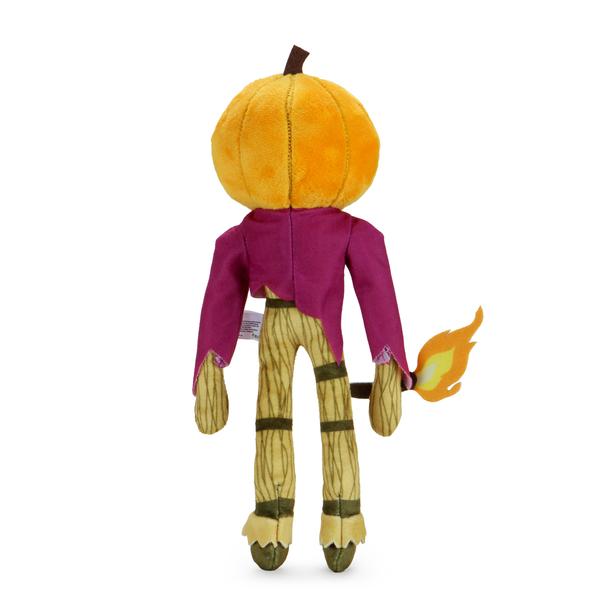 This is a Nightmare Before Christmas Jack Skellington Pumpkin King Phunny plush and he has a pumpkin head, purple shirt, torch with fire and a straw body.