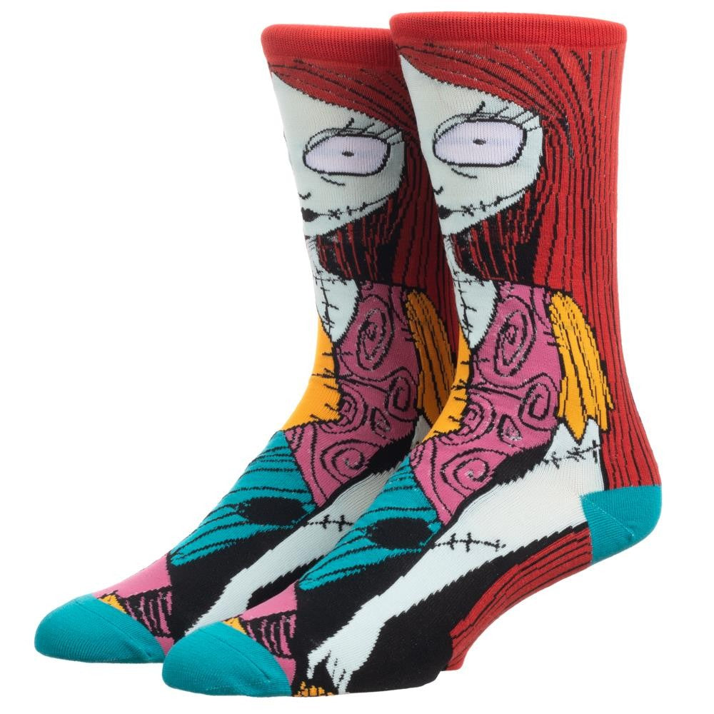 This is a pair of Nightmare Before Christmas Sally 360 crew socks and she has red hair, stitched arms and a dress with patches. 