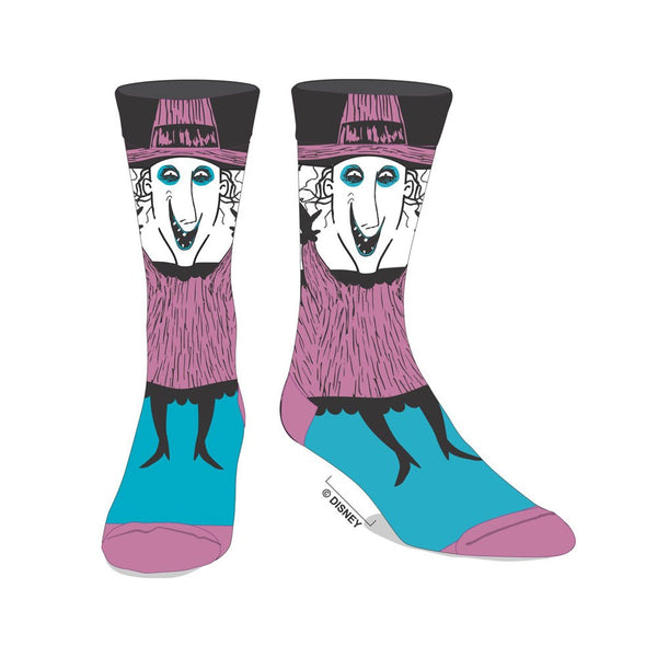 This is a pair of Nightmare Before Christmas Shock socks and they have a witch with a purple hat, black hair and black legs and shoes.
