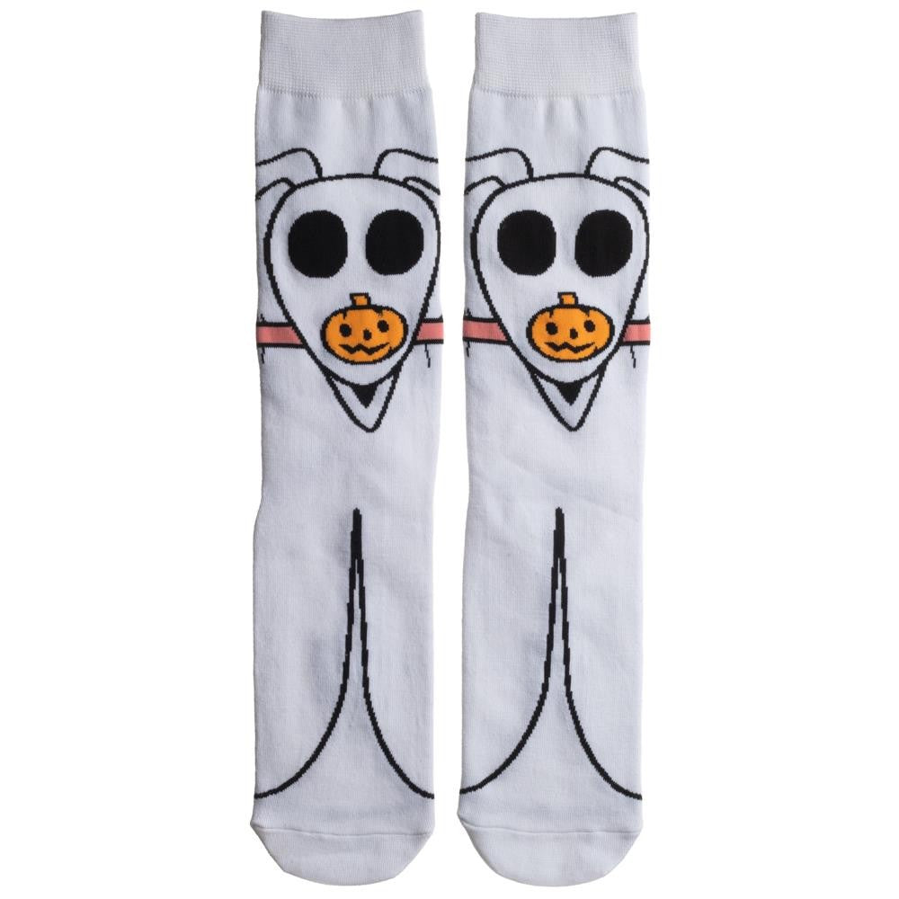 This is a pair of Nightmare Before Christmas Zero 360 socks and he is white, with black eyes and an orange pumpkin nose.