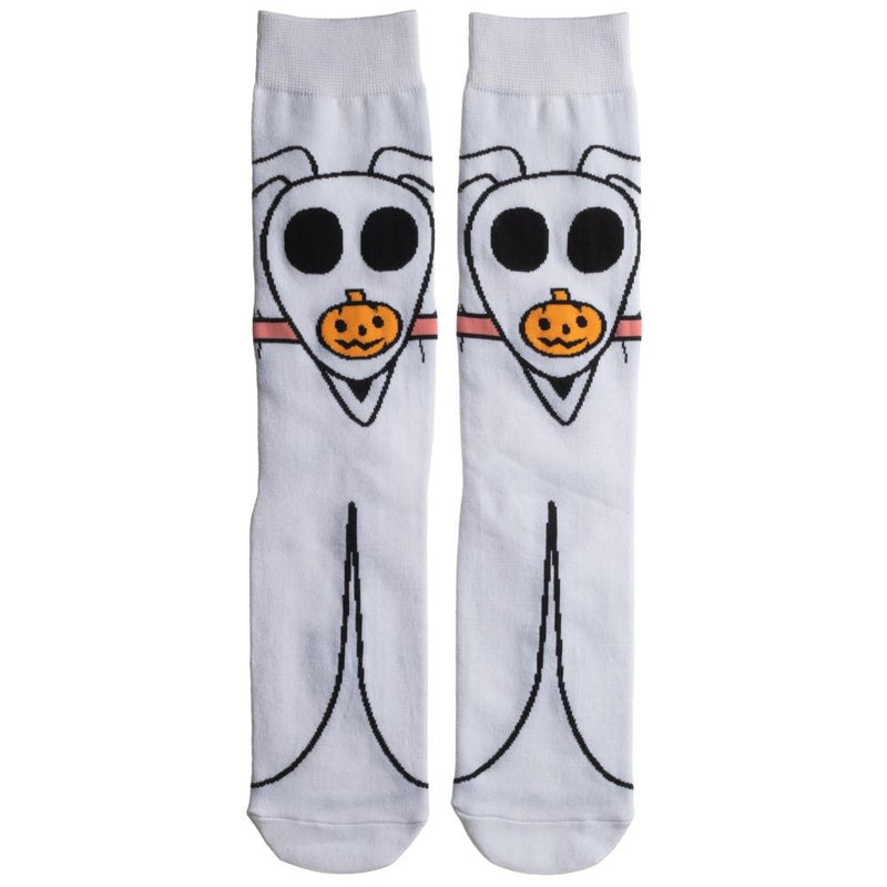 This is a pair of Nightmare Before Christmas Zero 360 socks and he is white, with black eyes and an orange pumpkin nose.