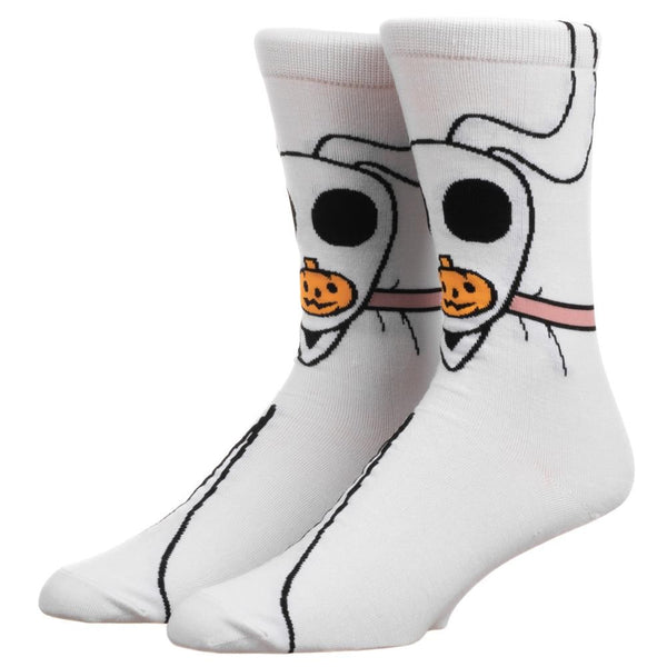 This is a pair of Nightmare Before Christmas Zero 360 socks and he is white, with black eyes and an orange pumpkin nose and they are on feet.