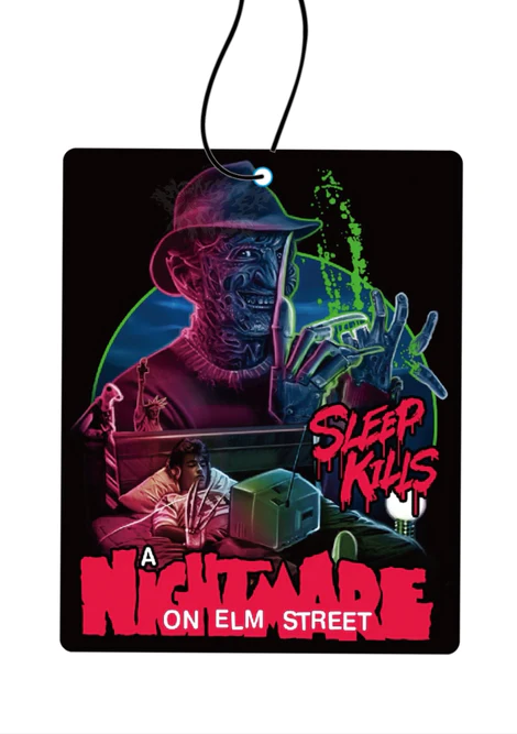 This is a Nightmare on Elm Street Freddy air freshener and he has a burnt face, knife hands and there is a teenager sleeping in a bed with a TV on and a hand coming out the the bed.