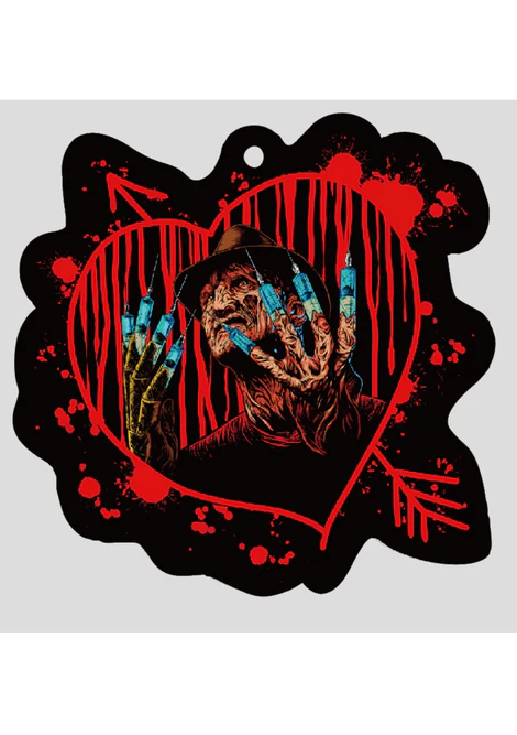 This is a Nightmare on Elm Street Freddy air freshener and he has a burnt face, needle hands and he has a red heart and blood splatter around him.