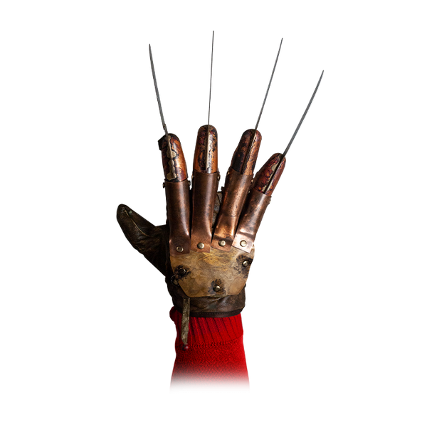 This is a Nightmare On Elm Street Freddy Krueger deluxe glove that is brown leather, with metal finger knives and it is over a red striped sweater on a hand.