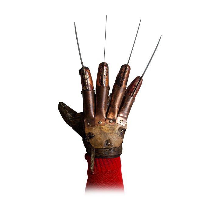 This is a Nightmare On Elm Street Freddy Krueger deluxe glove that is brown leather, with metal finger knives and it is over a red striped sweater on a hand.